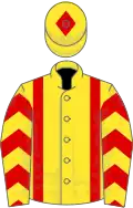 Yellow, red braces, chevrons on sleeves, yellow cap, red diamond