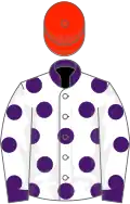 White, purple spots, collar and cuffs, scarlet cap