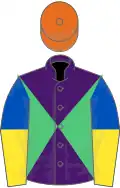 Purple and emerald green diabolo, royal blue and yellow halved sleeves, orange cap
