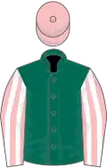 Green, pink and white striped sleeves, pink cap
