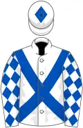 White, royal blue cross-belts, diamonds on sleeves, diamond on cap