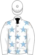 White, light blue stars, white sleeves and cap