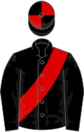 Black, red sash, quartered cap