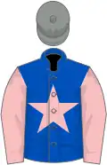 Royal blue, pink star and sleeves, grey cap