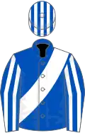 ROYAL BLUE, white sash, striped sleeves and cap