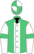 Emerald green, white stripe, white sleeves, emerald green armlets, emerald green and white quartered cap