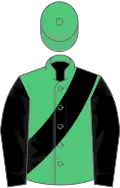 Emerald green, black sash and sleeves, green cap