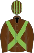 Brown, light green cross sashes, striped cap