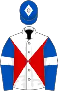 White and red diabolo, royal blue sleeves, white armlets, royal blue cap, white diamond