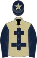 Beige, dark blue cross of lorraine and sleeves, dark blue cap, beige star
