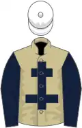 Beige, dark blue cross of lorraine and sleeves, white cap