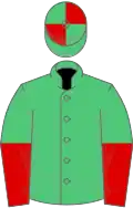 Emerald green, red halved sleeves, quartered cap