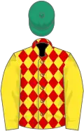 Yellow and red diamonds, yellow sleeves, emerald green cap
