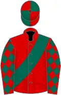 Red, dark green sash, diamonds on sleeves, quartered cap