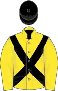 Yellow, Black cross belts, Yellow and Black halved sle ves, Black cap