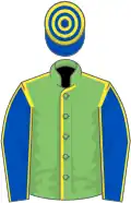 Light green, yellow seams, royal blue sleeves, yellow seams, royal blue and yellow hooped cap