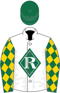White, dark green diamond, white r, green and gold diamonds on sleeves, green cap, white visor
