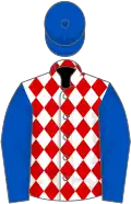 White, red diamonds, royal blue sleeves and cap