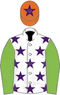 White, purple stars, light green sleeves, orange cap, purple star