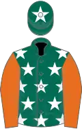 Dark green, white stars, orange sleeves, dark green cap, white star