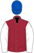 Maroon, white sleeves, royal blue cap