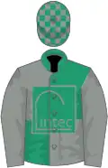 Grey and Emerald Green quartered, yellow circle, Grey sleeves, emerald green and grey checked cap