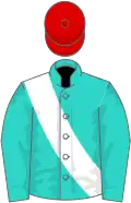 Turquoise, white sash, red cap