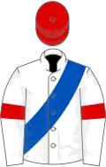 White, royal blue sash, white sleeves, red armlets, red cap