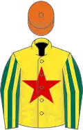 Yellow, red star, dark green and yellow striped sleeves, orange cap