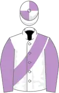 White, mauve sash and sleeves, quartered cap