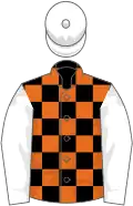 Black and orange check, white sleeves and cap