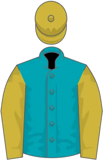 Peacock blue, old gold sleeves and cap