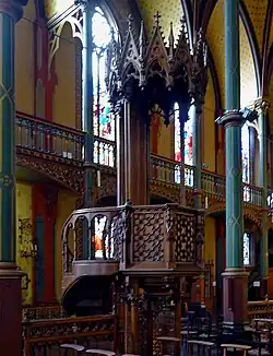 The carved pulpit in the nave