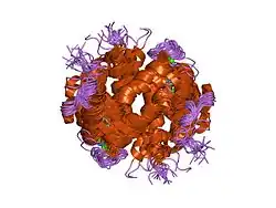 1mwn: Solution NMR structure of S100B bound to the high-affinity target peptide TRTK-12