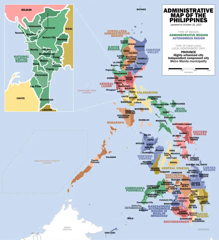 Administrative Map of the Philippines, showing provinces and independent cities and the regions they are grouped into.