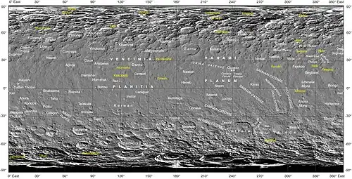 Black-and-white photographic map of Ceres, centred on 180° longitude, with official nomenclature (September 2017)