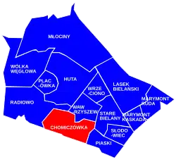 Location of the City Information System area of Chomiczówka within the district of Bielany.