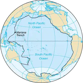 Image 53Area inside the black line indicates the area constituting the Pacific Ocean prior to 2002; darker blue areas are its informal current borders following the recreation of the Southern Ocean and the reinclusion of marginal seas. (from Southern Ocean)