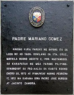 The 1972 historical marker presented during the Gomburza Centennial commemoration