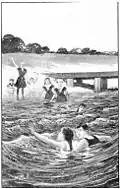 'He had only gone a few strokes when Bert appeared with Nellie under his arm', Bobbsey Twins at the Seashore (frontispiece), Grosset & Dunlap, 1907.