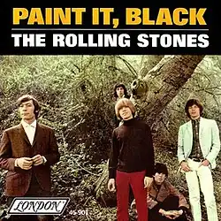 The band members are in a wooded area. From left to right (standing) are: Charlie Watts, Brian Jones, Bill Wyman and Mick Jagger. Sitting down behind and between Jones and Jagger is Keith Richards. The title of the song, "Paint It, Black", is in orange text with a black background on the top of the cover. Below a white horizontal line (still with the black background) is the band name, "The Rolling Stones", in white text.