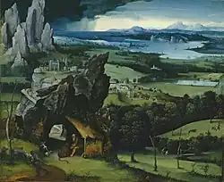 Landscape with St Jerome, 1515–1519, oil on panel, 74&nbsp;cm ×&nbsp;91&nbsp;cm (29&nbsp;in ×&nbsp;36&nbsp;in), Prado, Madrid