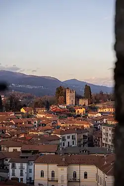 Panorama of Invorio at sunset, seen from the bell tower of the Church of Saints Peter and Paul