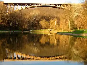 Panther Hollow Bridge seen from Panther Hollow Lake in Schenley Park