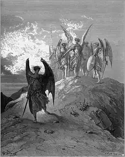 Gustave Doré's illustration for Milton's Paradise Lost, V, 1006–1015: Satan yielding before Gabriel[125]