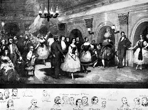 Lithograph depicting many famous dancers and their patrons in the Foyer&nbsp;de&nbsp;la&nbsp;Danse (1841)
