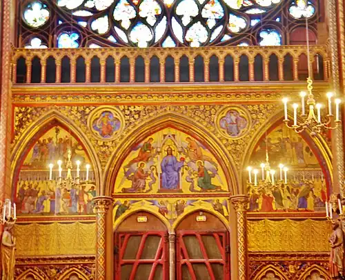 Interior of the west facade; Christ with Angels, Sts. Isaiah and Jeremiah in the quadrilobes (painting by Steinheil, 1856)