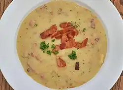 Parmesan potato soup topped with bacon