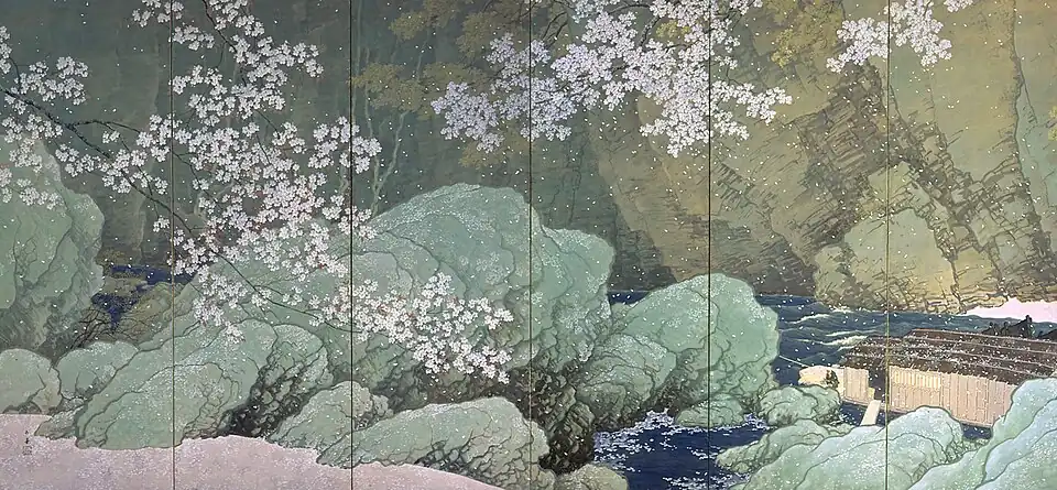 Left panel of the Parting Spring by Kawai Gyokudō. Important Cultural Property.