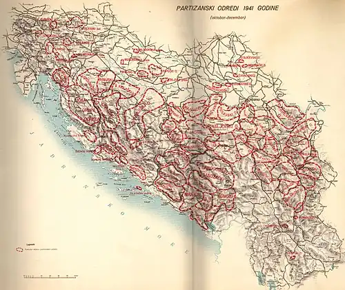a colour map of Yugoslavia with detachment areas of responsibility marked in red